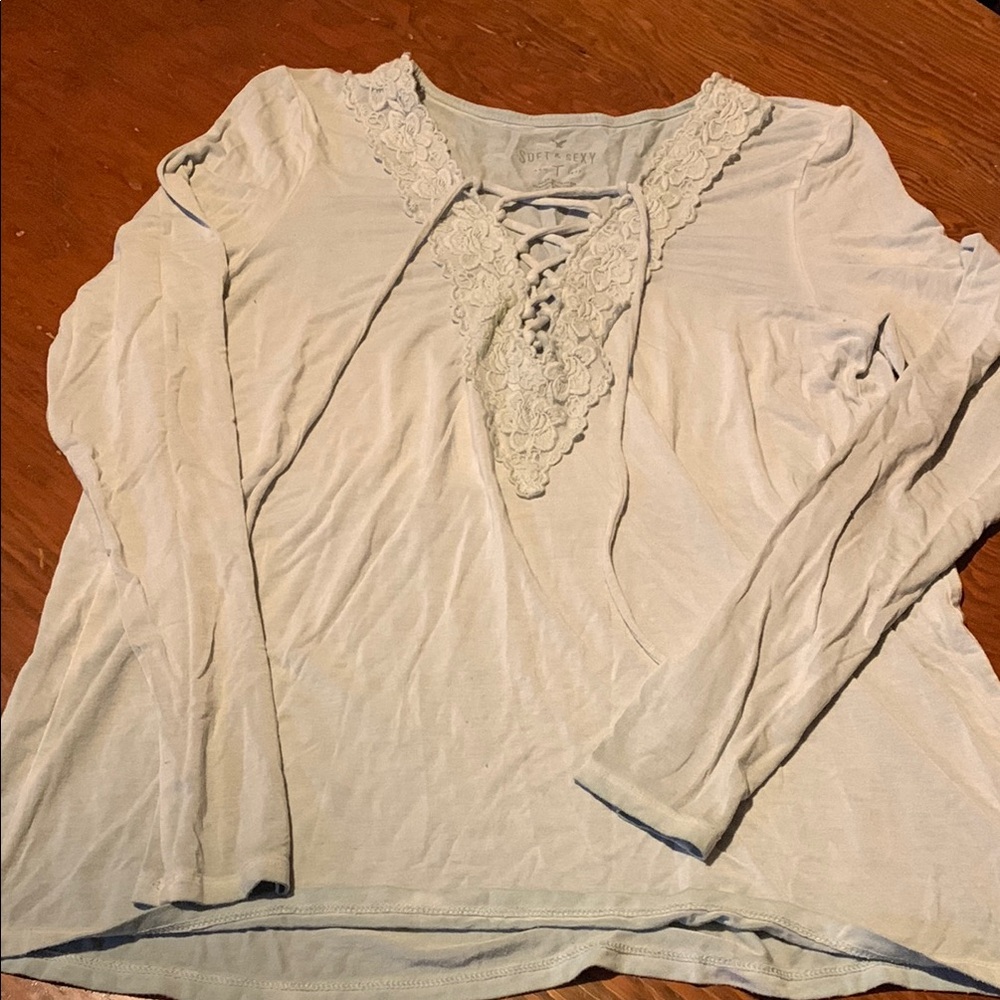 American Eagle Outfitters Tan Lace-Up Ruffled Blouse